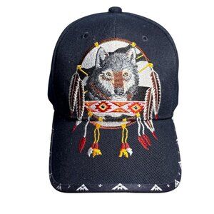Native American Wolf Embroidered Baseball Cap In Navy Adjustable Strapback